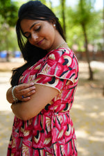 Azure Geometric Rayon Foil Maxi Frock – Double Layer Frill Sleeve Summer Dress with Adjustable Drawstring Waist & Pockets - Lightweight Breathable Fabric Stylish MAXI Frock