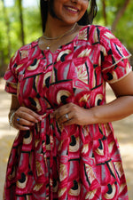 Azure Geometric Rayon Foil Maxi Frock – Double Layer Frill Sleeve Summer Dress with Adjustable Drawstring Waist & Pockets - Lightweight Breathable Fabric Stylish MAXI Frock