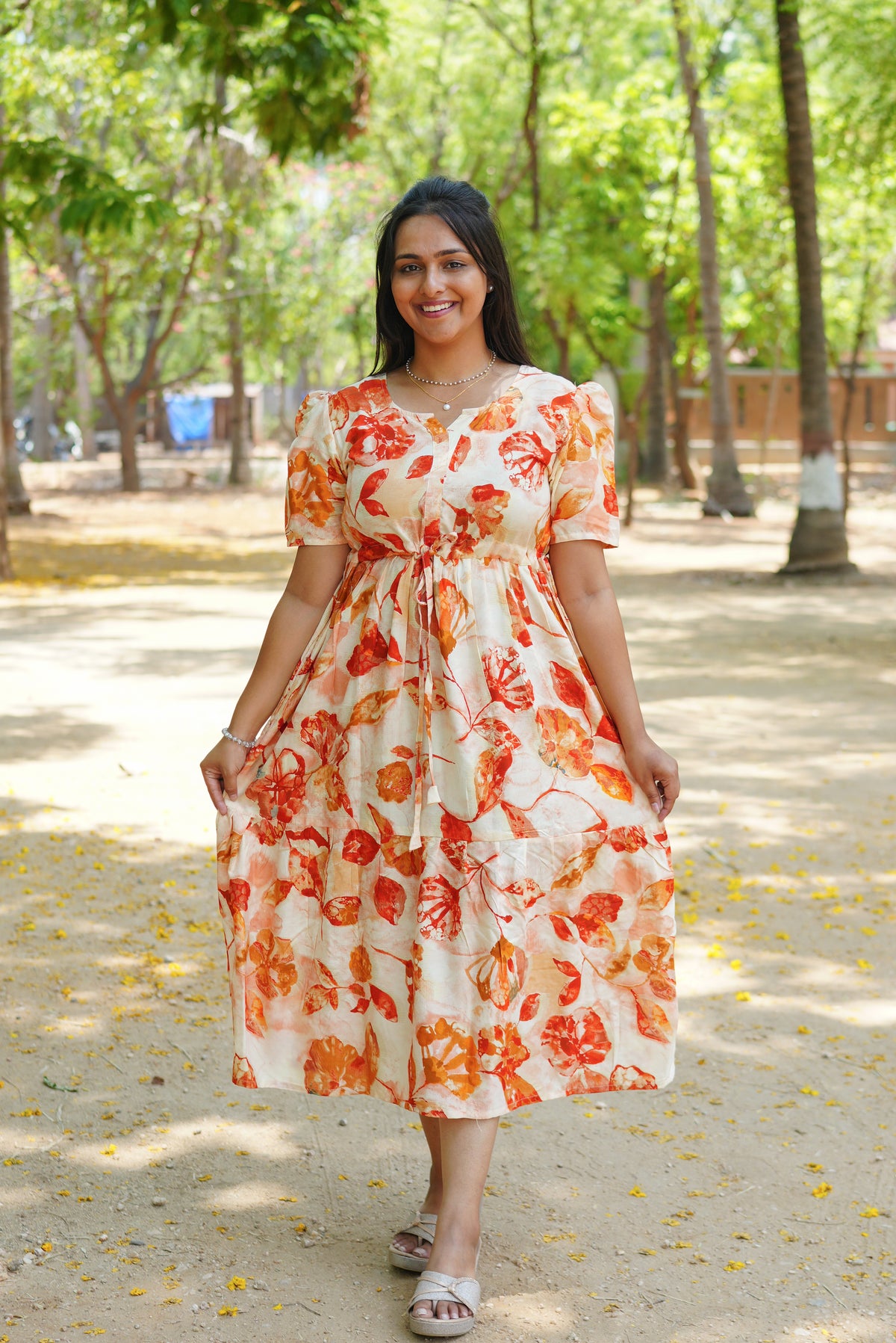 Floral Bliss Sage Green Rayon Foil Print Maxi Dress – Puff Sleeve A-Line Frock with Adjustable Waist Tie & Pockets - Breathable Fabric MAXI Frock