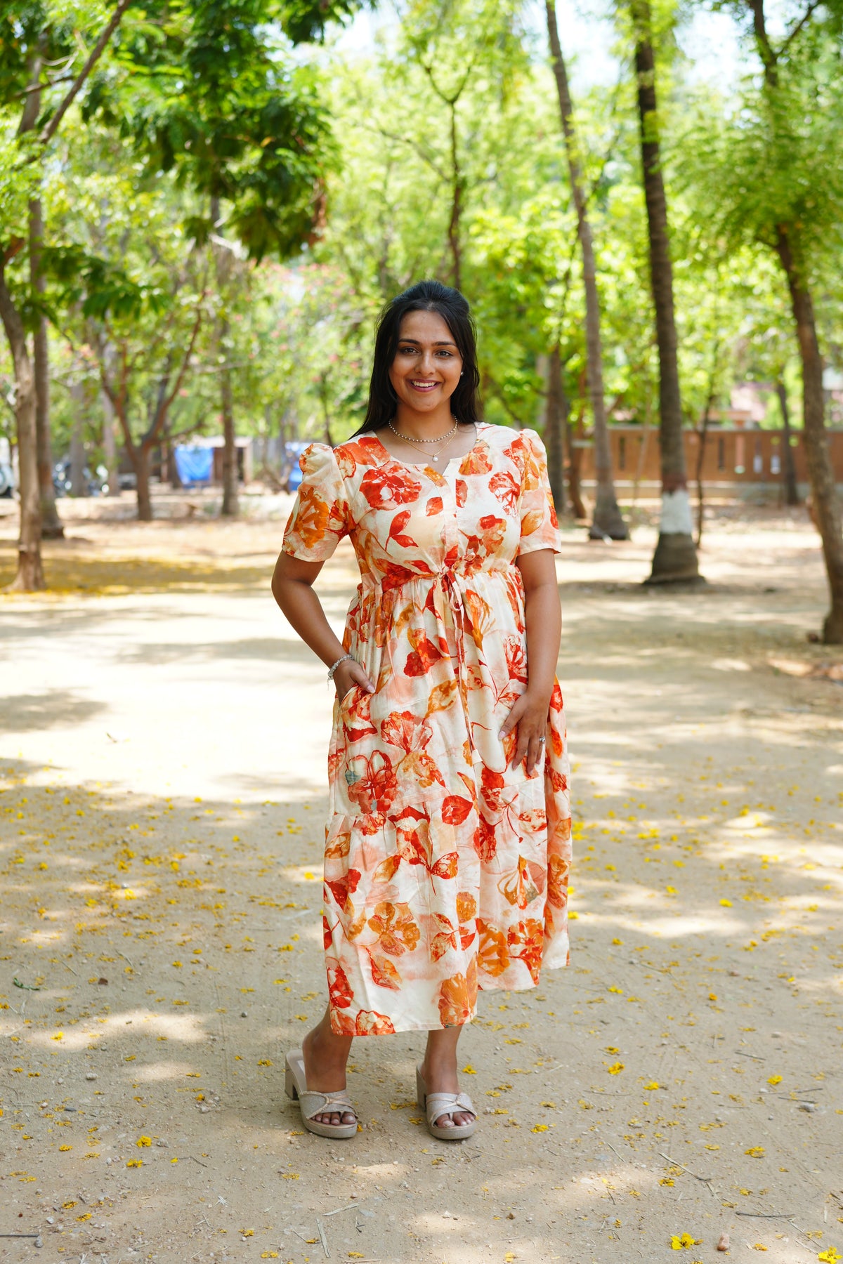 Floral Bliss Sage Green Rayon Foil Print Maxi Dress – Puff Sleeve A-Line Frock with Adjustable Waist Tie & Pockets - Breathable Fabric MAXI Frock