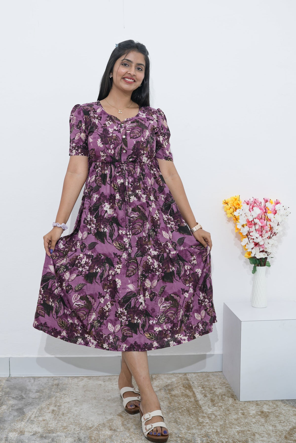 Rayon Colourful Foil Printing Gathering Frock Model Nighties | Side Pocket and Gathering Front Rope | Fancy Sleeve & Maxi Frock Nightwear for Stylish Women's (FGF)
