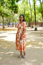 Floral Bliss Sage Green Rayon Foil Print Maxi Dress – Puff Sleeve A-Line Frock with Adjustable Waist Tie & Pockets - Breathable Fabric MAXI Frock