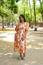 Floral Bliss Sage Green Rayon Foil Print Maxi Dress – Puff Sleeve A-Line Frock with Adjustable Waist Tie & Pockets - Breathable Fabric MAXI Frock