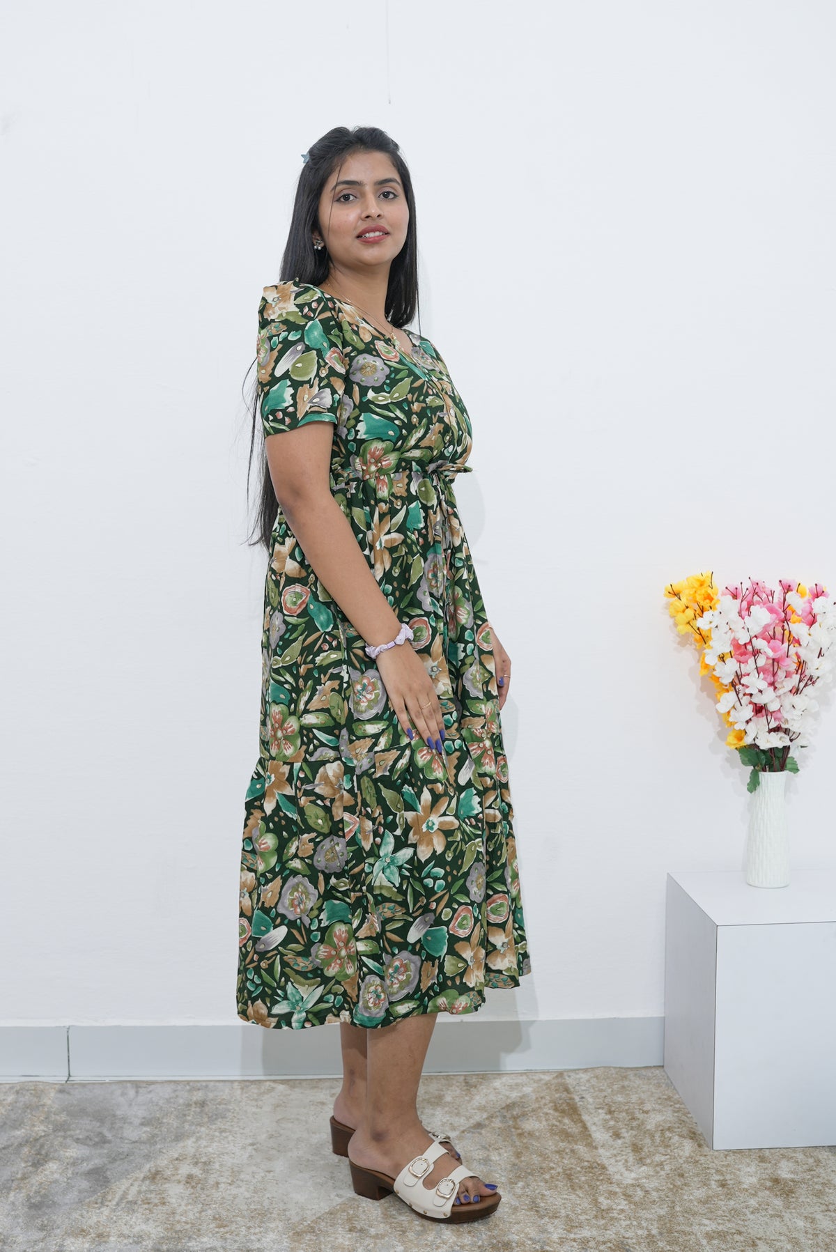 Rayon Colourful Foil Printing Gathering Frock Model Nighties | Side Pocket and Gathering Front Rope | Fancy Sleeve & Maxi Frock Nightwear for Stylish Women's (FGF)