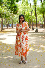 Floral Bliss Sage Green Rayon Foil Print Maxi Dress – Puff Sleeve A-Line Frock with Adjustable Waist Tie & Pockets - Breathable Fabric MAXI Frock