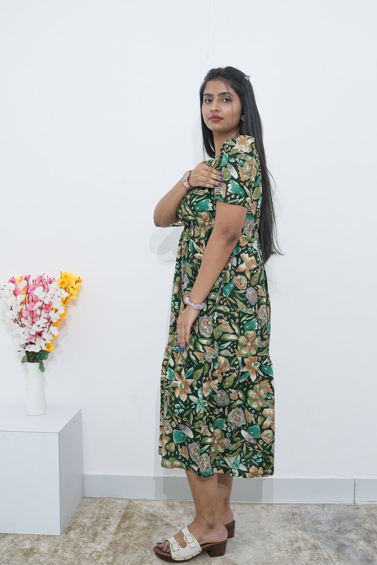 Rayon Colourful Foil Printing Gathering Frock Model Nighties | Side Pocket and Gathering Front Rope | Fancy Sleeve & Maxi Frock Nightwear for Stylish Women's (FGF)