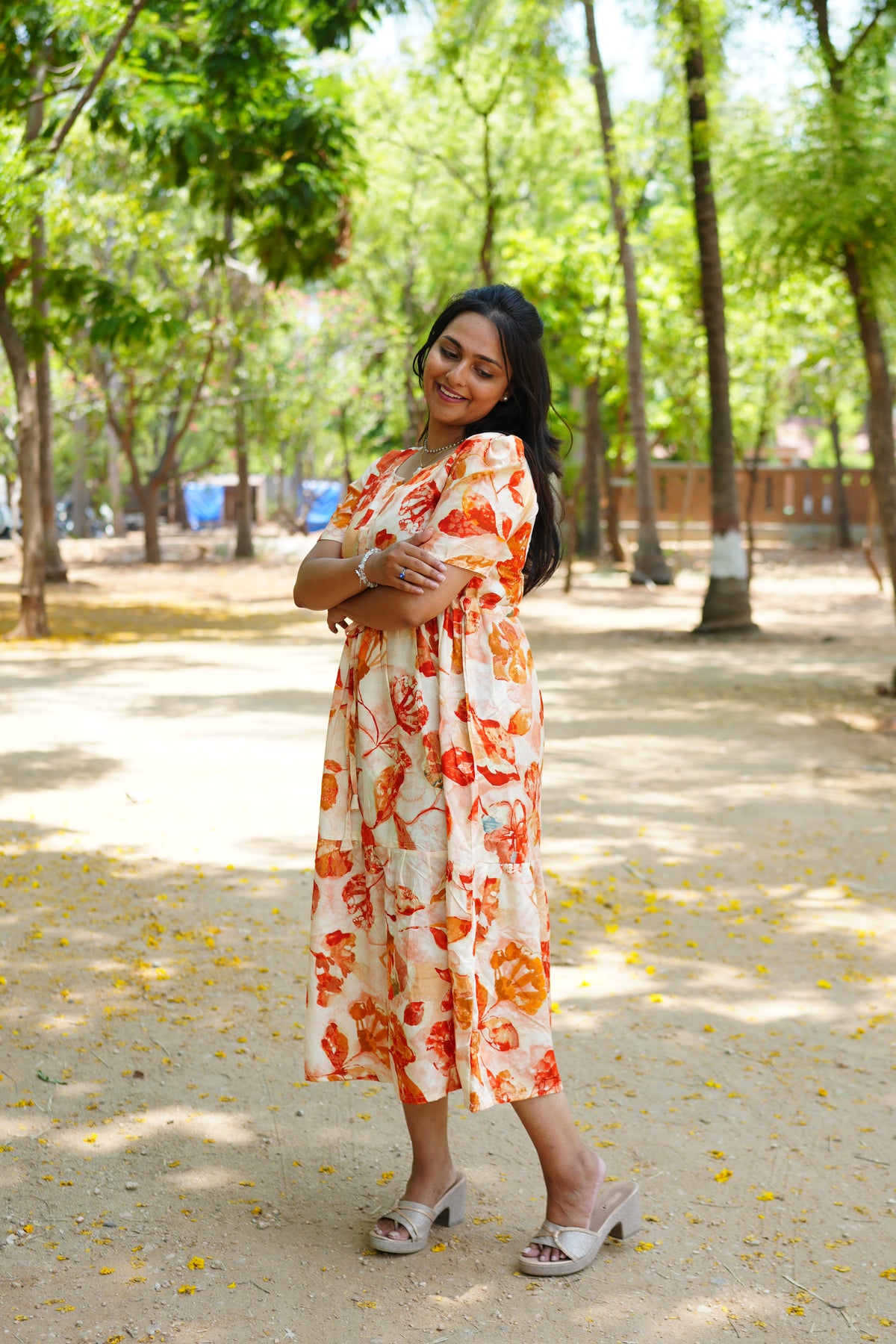 Floral Bliss Sage Green Rayon Foil Print Maxi Dress – Puff Sleeve A-Line Frock with Adjustable Waist Tie & Pockets - Breathable Fabric MAXI Frock