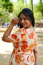 Floral Bliss Sage Green Rayon Foil Print Maxi Dress – Puff Sleeve A-Line Frock with Adjustable Waist Tie & Pockets - Breathable Fabric MAXI Frock