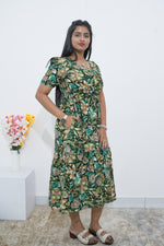 Rayon Colourful Foil Printing Gathering Frock Model Nighties | Side Pocket and Gathering Front Rope | Fancy Sleeve & Maxi Frock Nightwear for Stylish Women's (FGF)