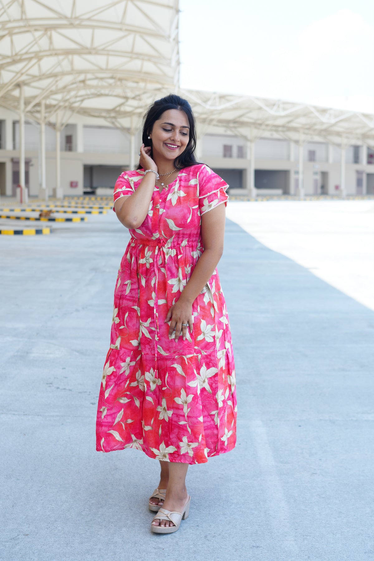 Radiant Fuchsia Lily Rayon Foil Maxi Frock – Butterfly Frill Sleeve Summer Dress with Adjustable Tie Waist & Pockets - Foil Embellished Design MAXI Frock