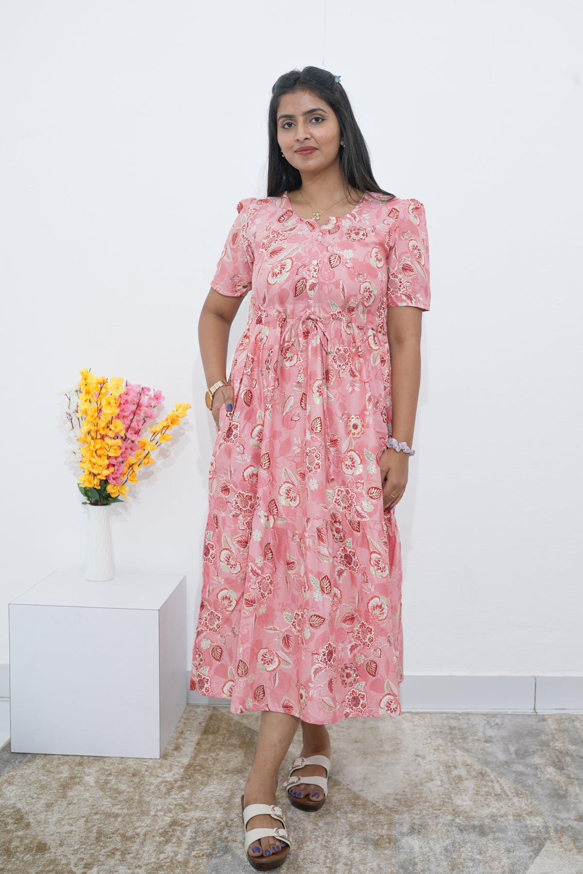 Rayon Colourful Foil Printing Gathering Frock Model Nighties | Side Pocket and Gathering Front Rope | Fancy Sleeve & Maxi Frock Nightwear for Stylish Women's (FGF)