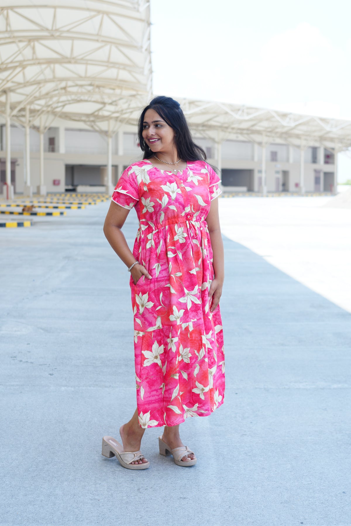 Radiant Fuchsia Lily Rayon Foil Maxi Frock – Butterfly Frill Sleeve Summer Dress with Adjustable Tie Waist & Pockets - Foil Embellished Design MAXI Frock