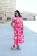 Radiant Fuchsia Lily Rayon Foil Maxi Frock – Butterfly Frill Sleeve Summer Dress with Adjustable Tie Waist & Pockets - Foil Embellished Design MAXI Frock