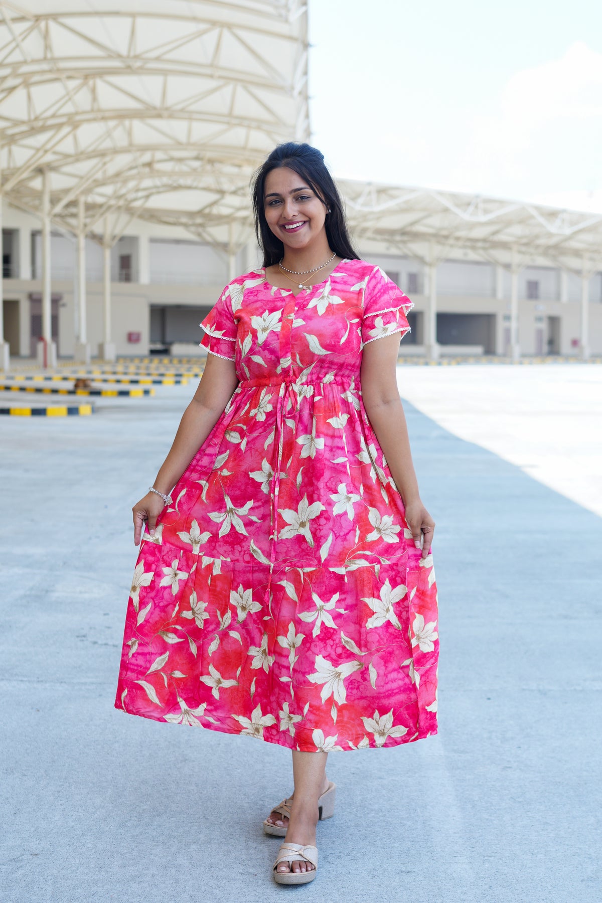 Radiant Fuchsia Lily Rayon Foil Maxi Frock – Butterfly Frill Sleeve Summer Dress with Adjustable Tie Waist & Pockets - Foil Embellished Design MAXI Frock