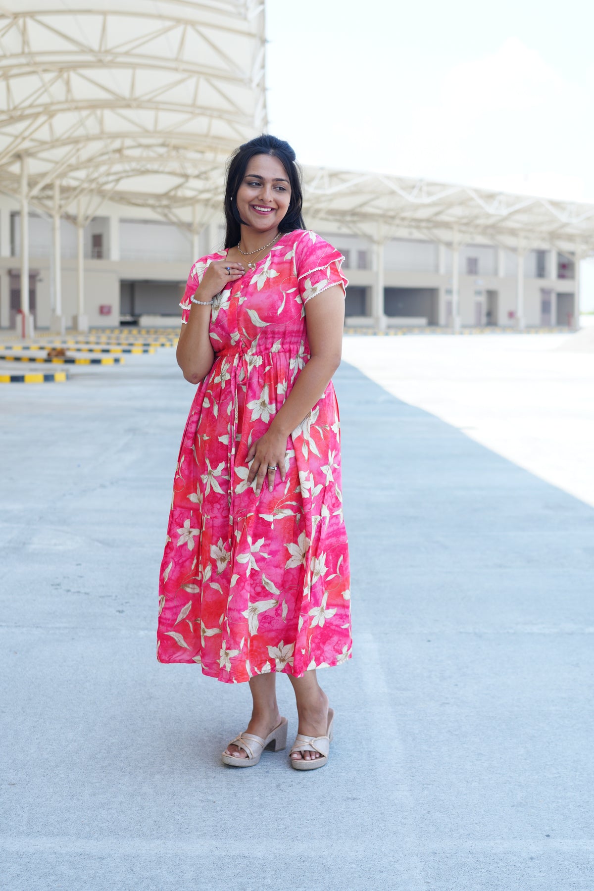 Radiant Fuchsia Lily Rayon Foil Maxi Frock – Butterfly Frill Sleeve Summer Dress with Adjustable Tie Waist & Pockets - Foil Embellished Design MAXI Frock