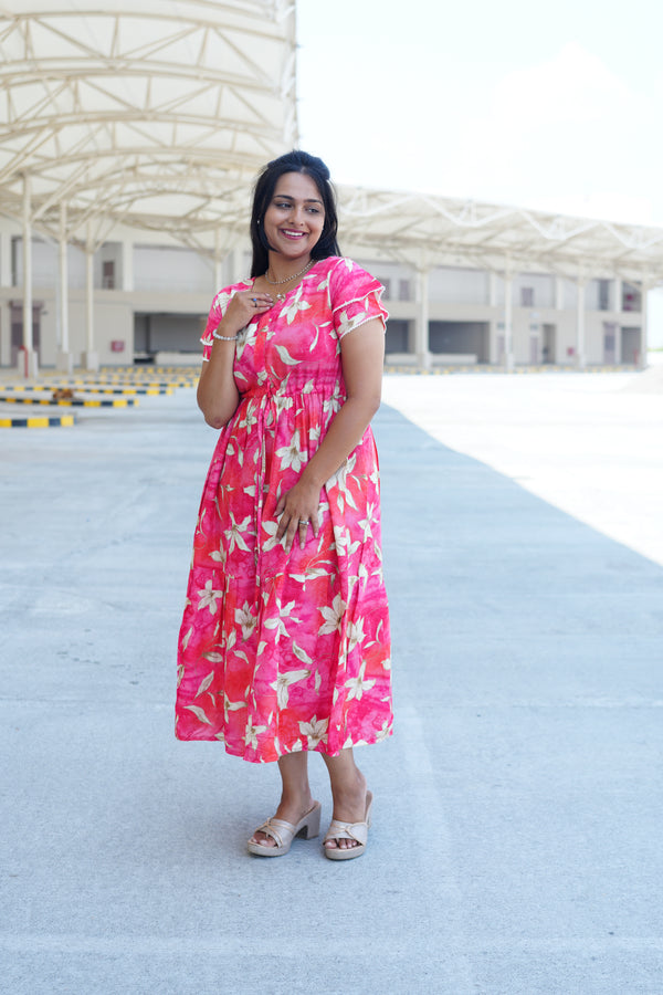 Radiant Fuchsia Lily Rayon Foil Maxi Frock – Butterfly Frill Sleeve Summer Dress with Adjustable Tie Waist & Pockets - Foil Embellished Design MAXI Frock