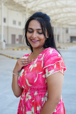 Radiant Fuchsia Lily Rayon Foil Maxi Frock – Butterfly Frill Sleeve Summer Dress with Adjustable Tie Waist & Pockets - Foil Embellished Design MAXI Frock