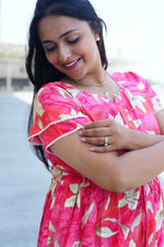 Radiant Fuchsia Lily Rayon Foil Maxi Frock – Butterfly Frill Sleeve Summer Dress with Adjustable Tie Waist & Pockets - Foil Embellished Design MAXI Frock