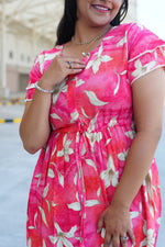 Radiant Fuchsia Lily Rayon Foil Maxi Frock – Butterfly Frill Sleeve Summer Dress with Adjustable Tie Waist & Pockets - Foil Embellished Design MAXI Frock