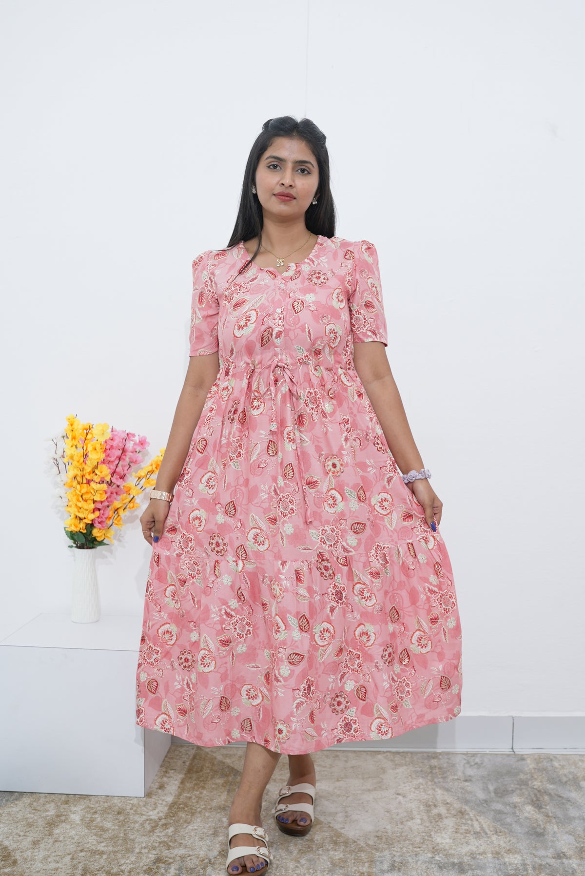 Rayon Colourful Foil Printing Gathering Frock Model Nighties | Side Pocket and Gathering Front Rope | Fancy Sleeve & Maxi Frock Nightwear for Stylish Women's (FGF)