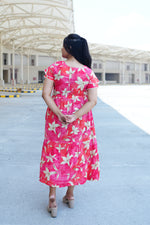 Radiant Fuchsia Lily Rayon Foil Maxi Frock – Butterfly Frill Sleeve Summer Dress with Adjustable Tie Waist & Pockets - Foil Embellished Design MAXI Frock