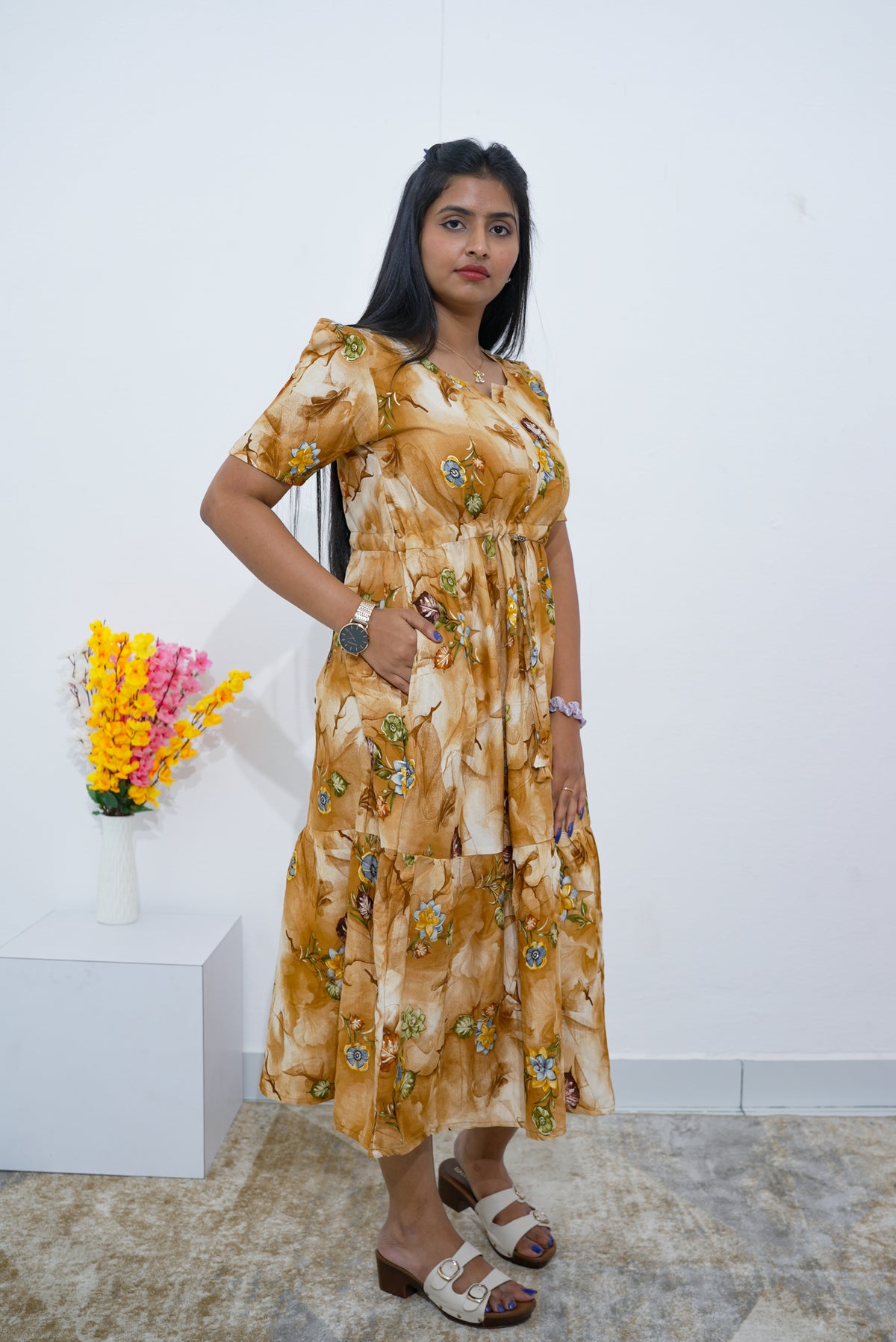 Rayon Colourful Foil Printing Gathering Frock Model Nighties | Side Pocket and Gathering Front Rope | Fancy Sleeve & Maxi Frock Nightwear for Stylish Women's (FGF)