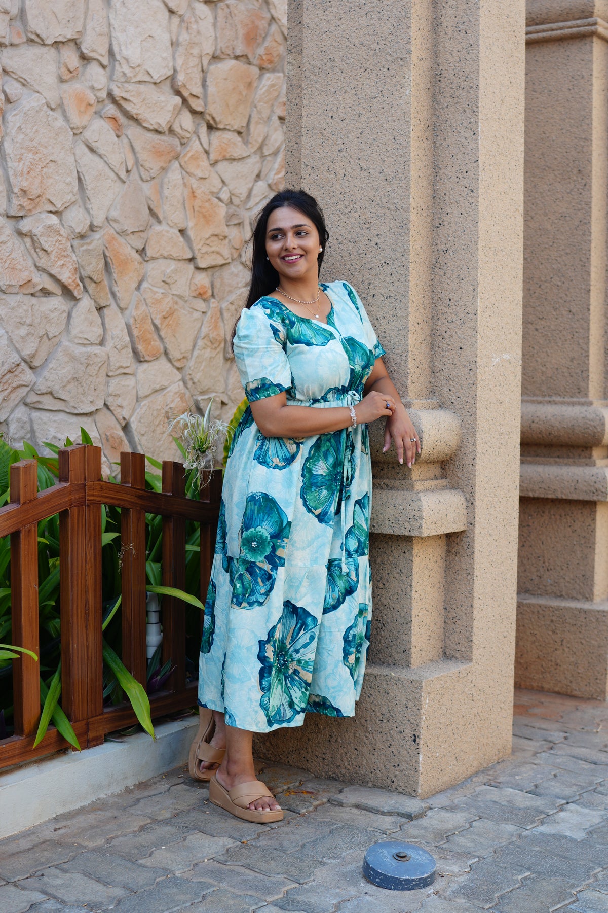 Sky Teal Bold Floral Rayon Foil Maxi Frock – Puff Sleeve Tiered Summer Dress with Adjustable Front Tie & Side Pockets