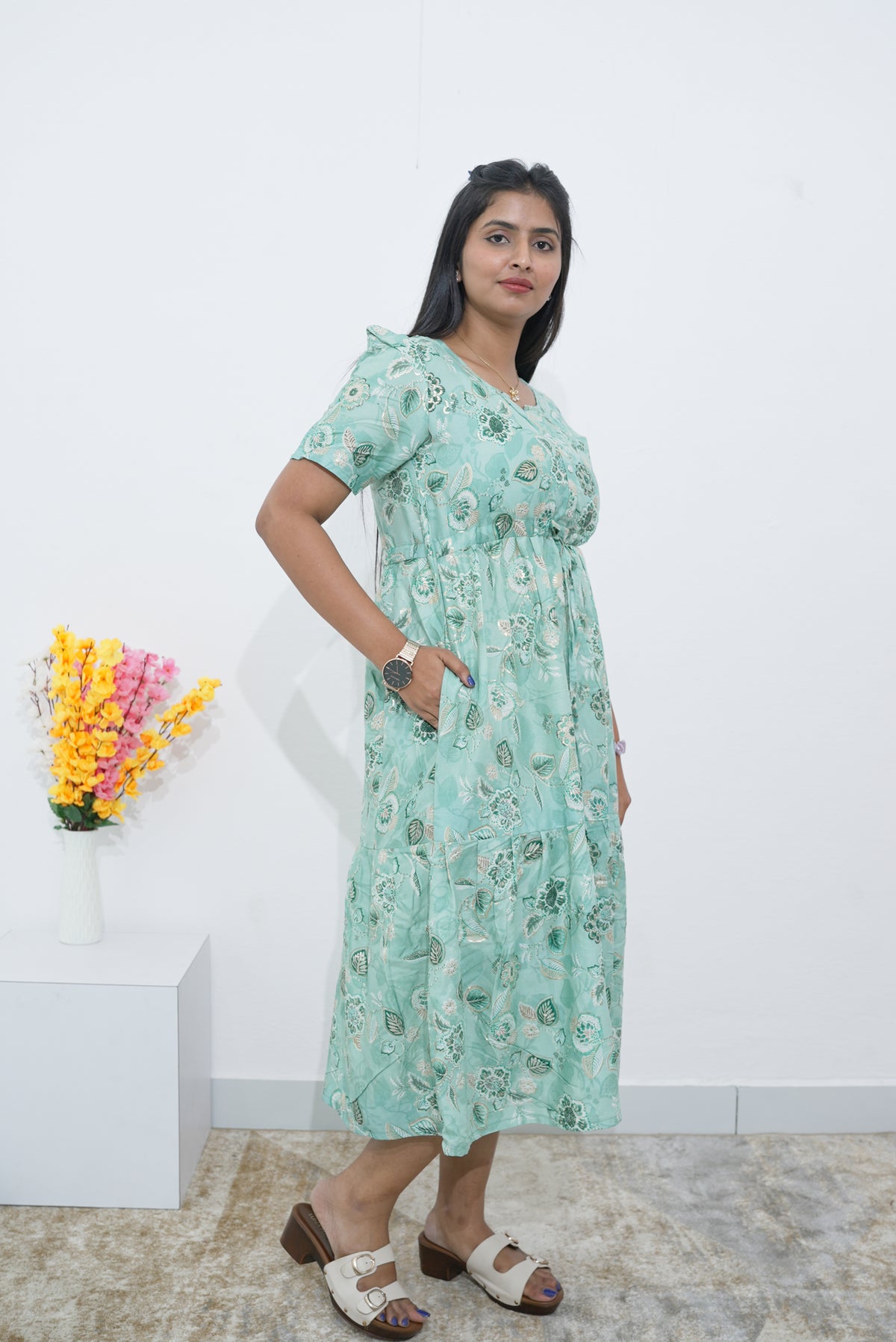 Rayon Colourful Foil Printing Gathering Frock Model Nighties | Side Pocket and Gathering Front Rope | Fancy Sleeve & Maxi Frock Nightwear for Stylish Women's (FGF)