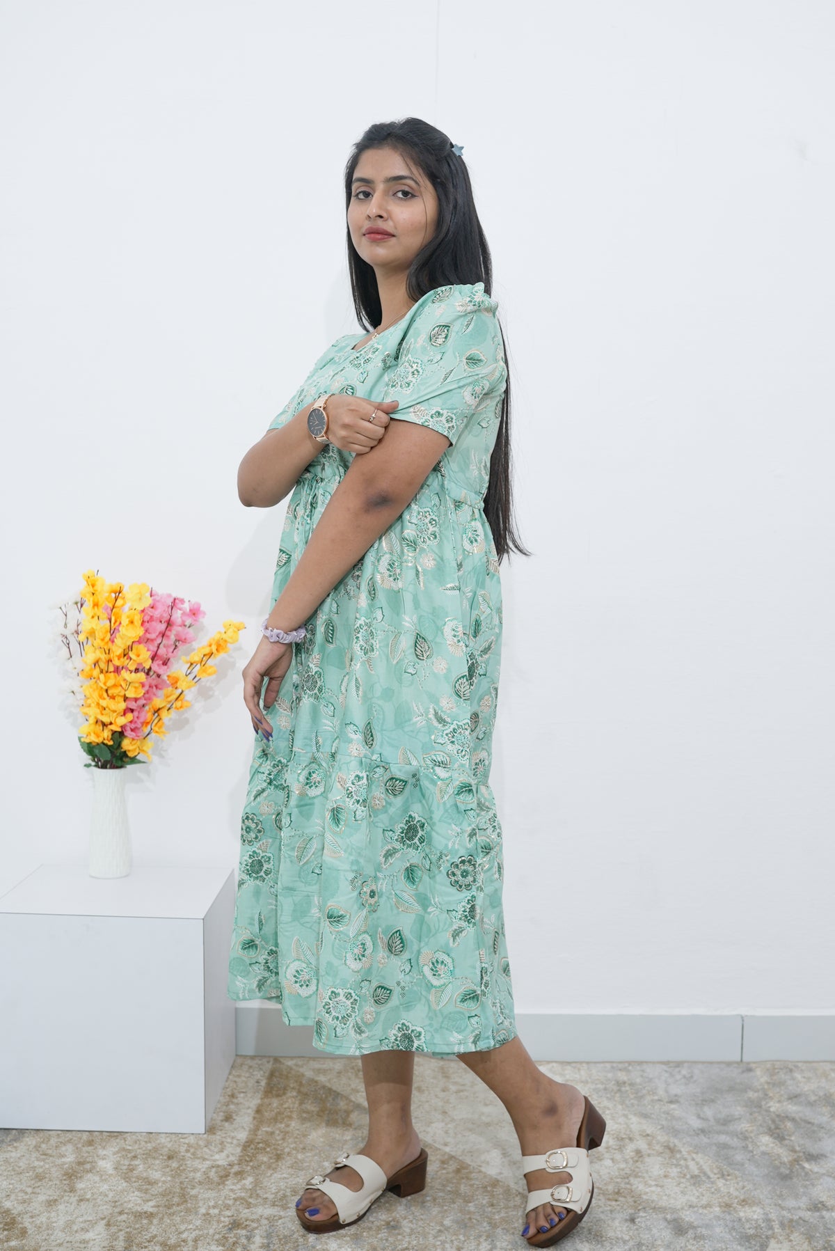 Rayon Colourful Foil Printing Gathering Frock Model Nighties | Side Pocket and Gathering Front Rope | Fancy Sleeve & Maxi Frock Nightwear for Stylish Women's (FGF)