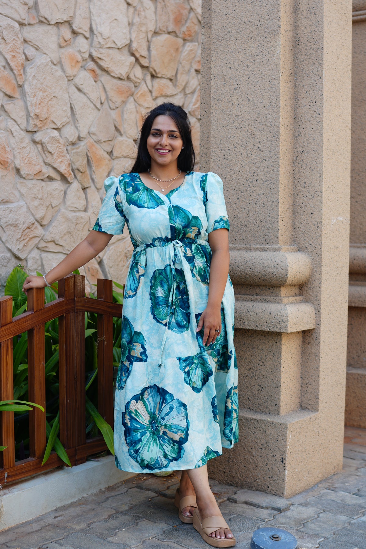 Sky Teal Bold Floral Rayon Foil Maxi Frock – Puff Sleeve Tiered Summer Dress with Adjustable Front Tie & Side Pockets