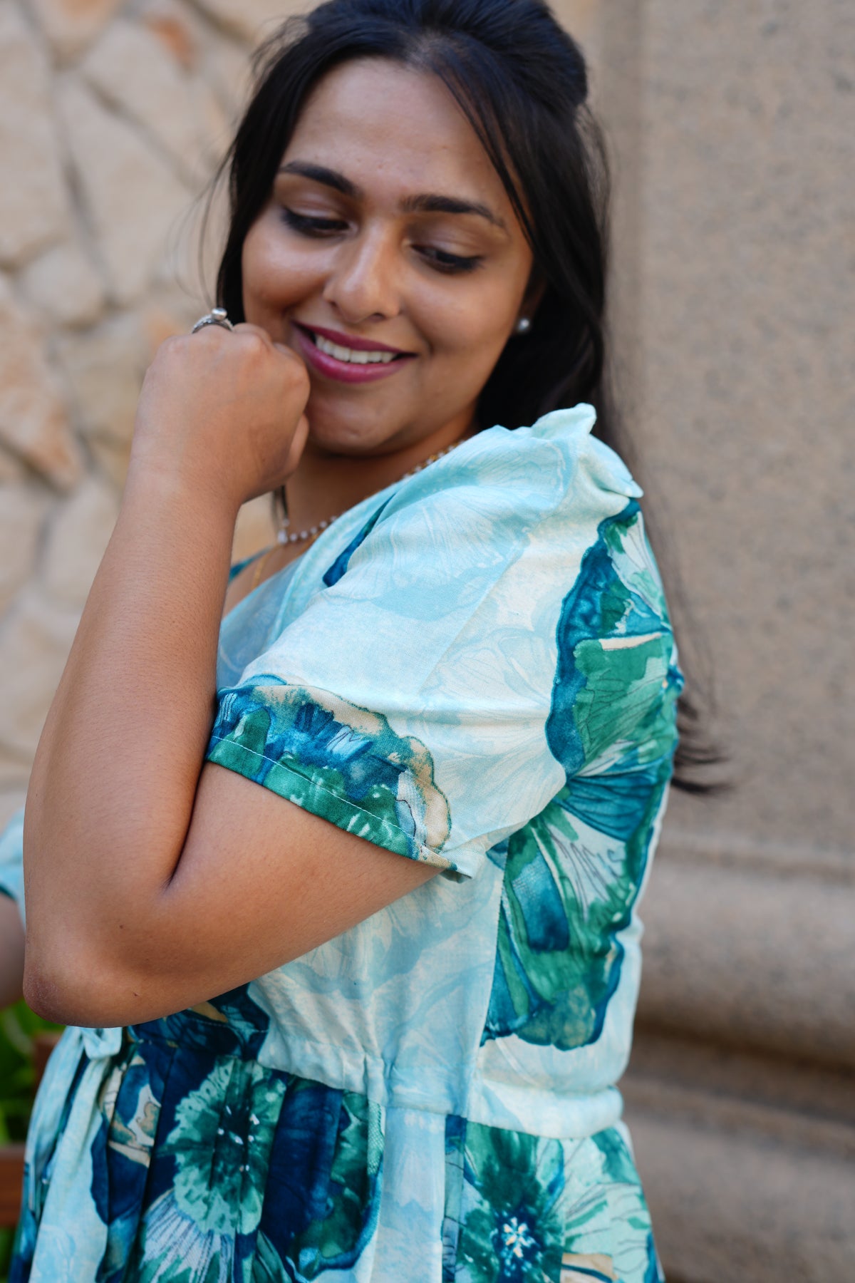 Sky Teal Bold Floral Rayon Foil Maxi Frock – Puff Sleeve Tiered Summer Dress with Adjustable Front Tie & Side Pockets