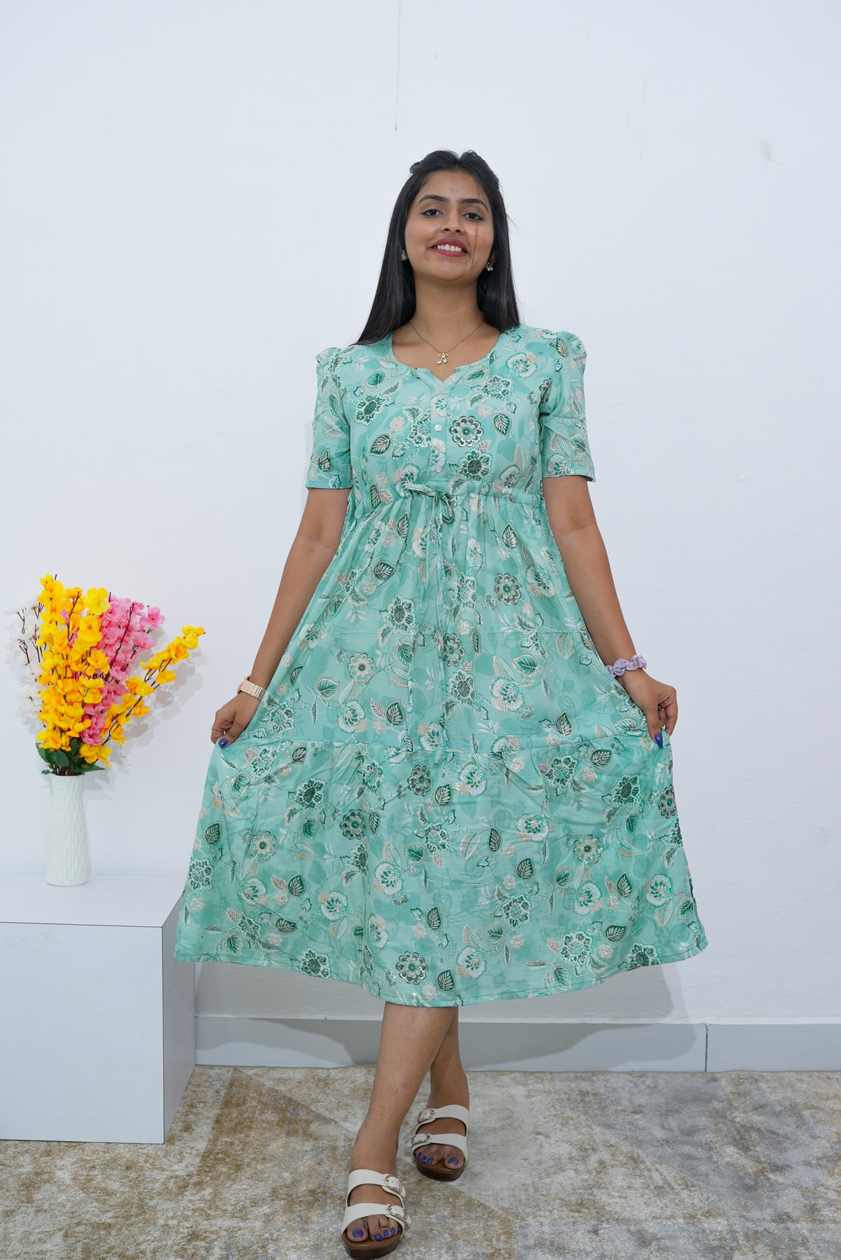 Rayon Colourful Foil Printing Gathering Frock Model Nighties | Side Pocket and Gathering Front Rope | Fancy Sleeve & Maxi Frock Nightwear for Stylish Women's (FGF)