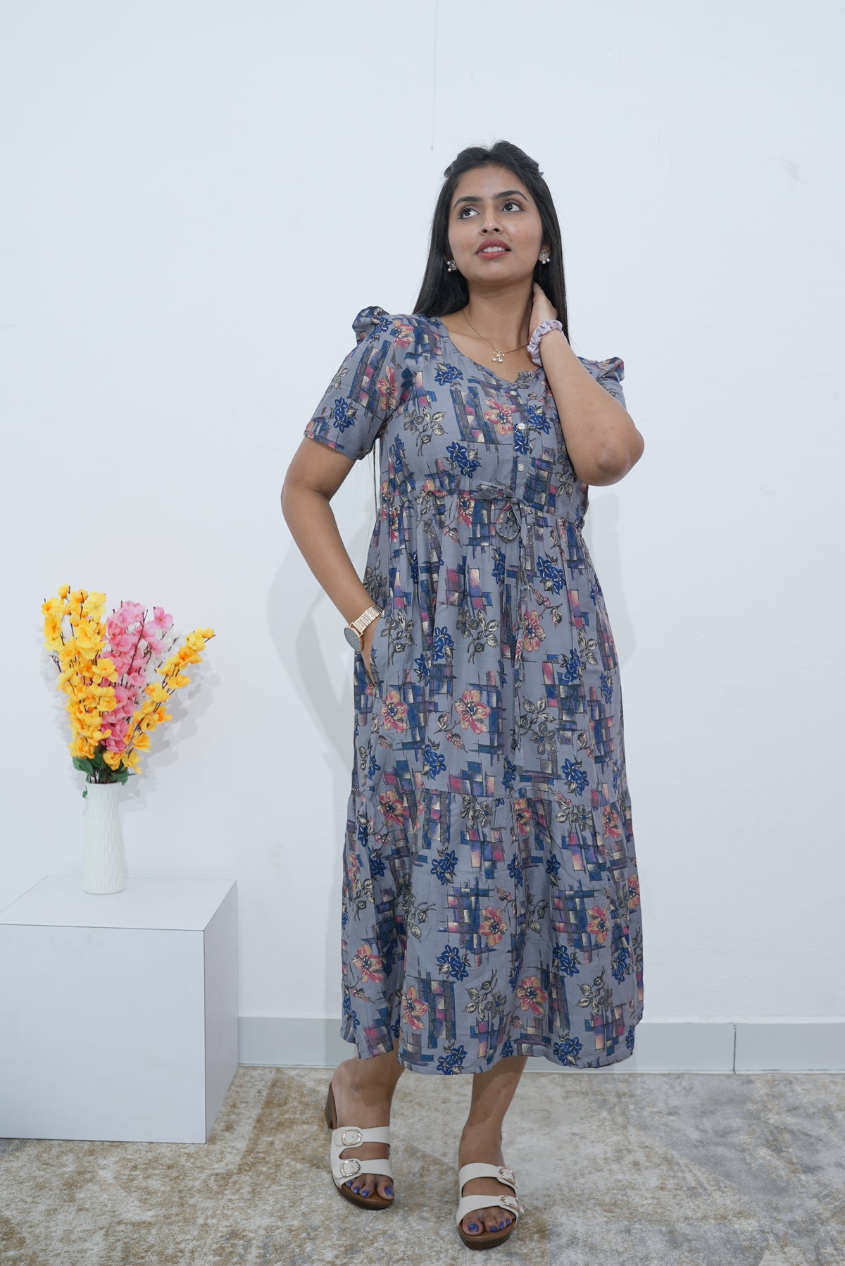Rayon Colourful Foil Printing Gathering Frock Model Nighties | Side Pocket and Gathering Front Rope | Fancy Sleeve & Maxi Frock Nightwear for Stylish Women's (FGF)