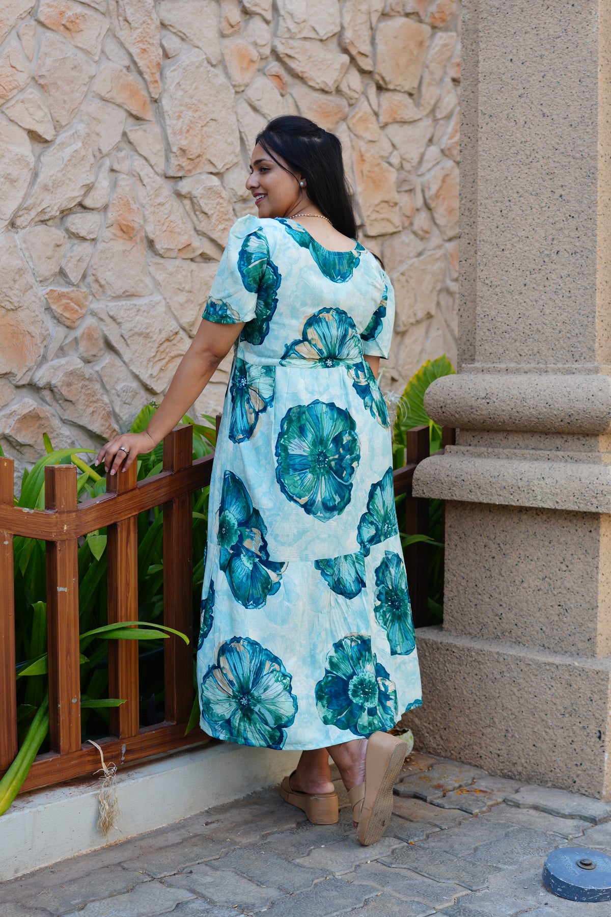 Sky Teal Bold Floral Rayon Foil Maxi Frock – Puff Sleeve Tiered Summer Dress with Adjustable Front Tie & Side Pockets