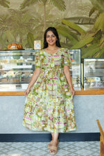 Magenta Geometric Printed Rayon Foil Maxi Dress – Adjustable Drawstring Waist Frock with Puff Sleeves & Side Pockets - Lightweight Breathable Rayon MAXI Frock