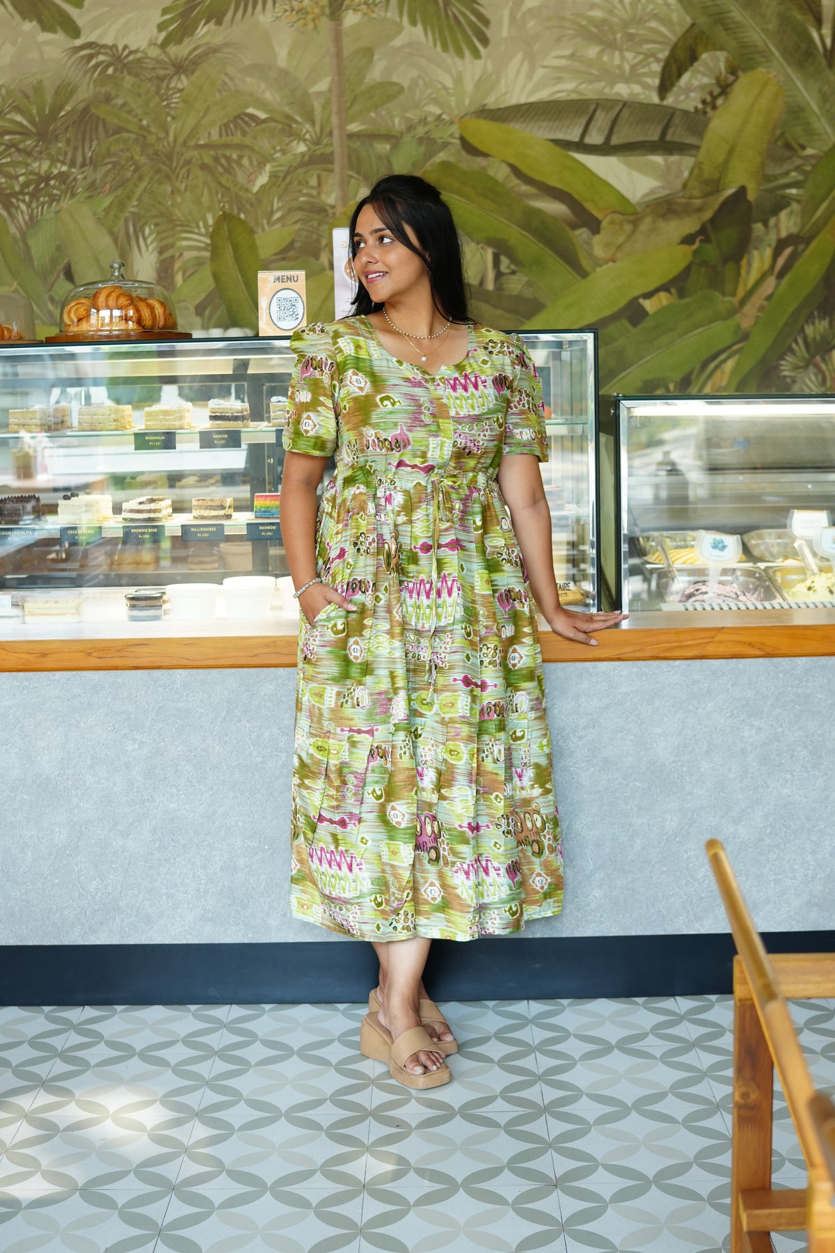 Magenta Geometric Printed Rayon Foil Maxi Dress – Adjustable Drawstring Waist Frock with Puff Sleeves & Side Pockets - Lightweight Breathable Rayon MAXI Frock