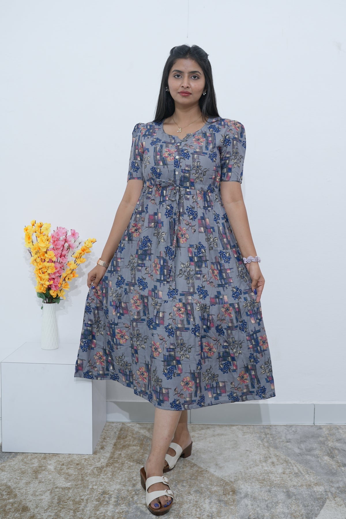 Rayon Colourful Foil Printing Gathering Frock Model Nighties | Side Pocket and Gathering Front Rope | Fancy Sleeve & Maxi Frock Nightwear for Stylish Women's (FGF)