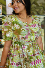 Magenta Geometric Printed Rayon Foil Maxi Dress – Adjustable Drawstring Waist Frock with Puff Sleeves & Side Pockets - Lightweight Breathable Rayon MAXI Frock