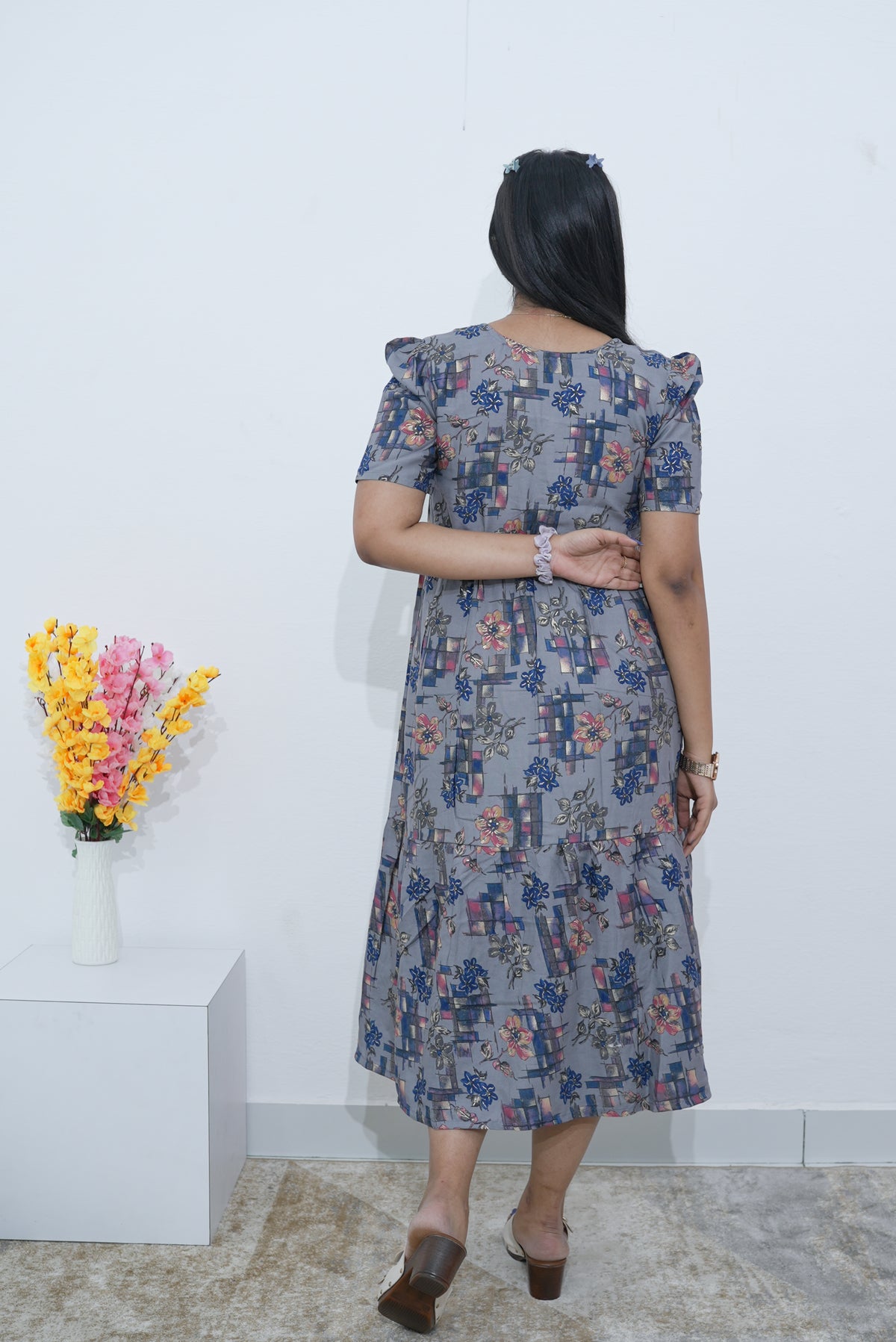 Rayon Colourful Foil Printing Gathering Frock Model Nighties | Side Pocket and Gathering Front Rope | Fancy Sleeve & Maxi Frock Nightwear for Stylish Women's (FGF)