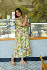 Magenta Geometric Printed Rayon Foil Maxi Dress – Adjustable Drawstring Waist Frock with Puff Sleeves & Side Pockets - Lightweight Breathable Rayon MAXI Frock