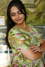 Magenta Geometric Printed Rayon Foil Maxi Dress – Adjustable Drawstring Waist Frock with Puff Sleeves & Side Pockets - Lightweight Breathable Rayon MAXI Frock