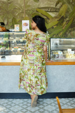 Magenta Geometric Printed Rayon Foil Maxi Dress – Adjustable Drawstring Waist Frock with Puff Sleeves & Side Pockets - Lightweight Breathable Rayon MAXI Frock