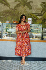 Azure Geometric Rayon Foil Maxi Frock – Double Layer Frill Sleeve Summer Dress with Adjustable Drawstring Waist & Pockets - Lightweight Breathable Fabric Stylish MAXI Frock