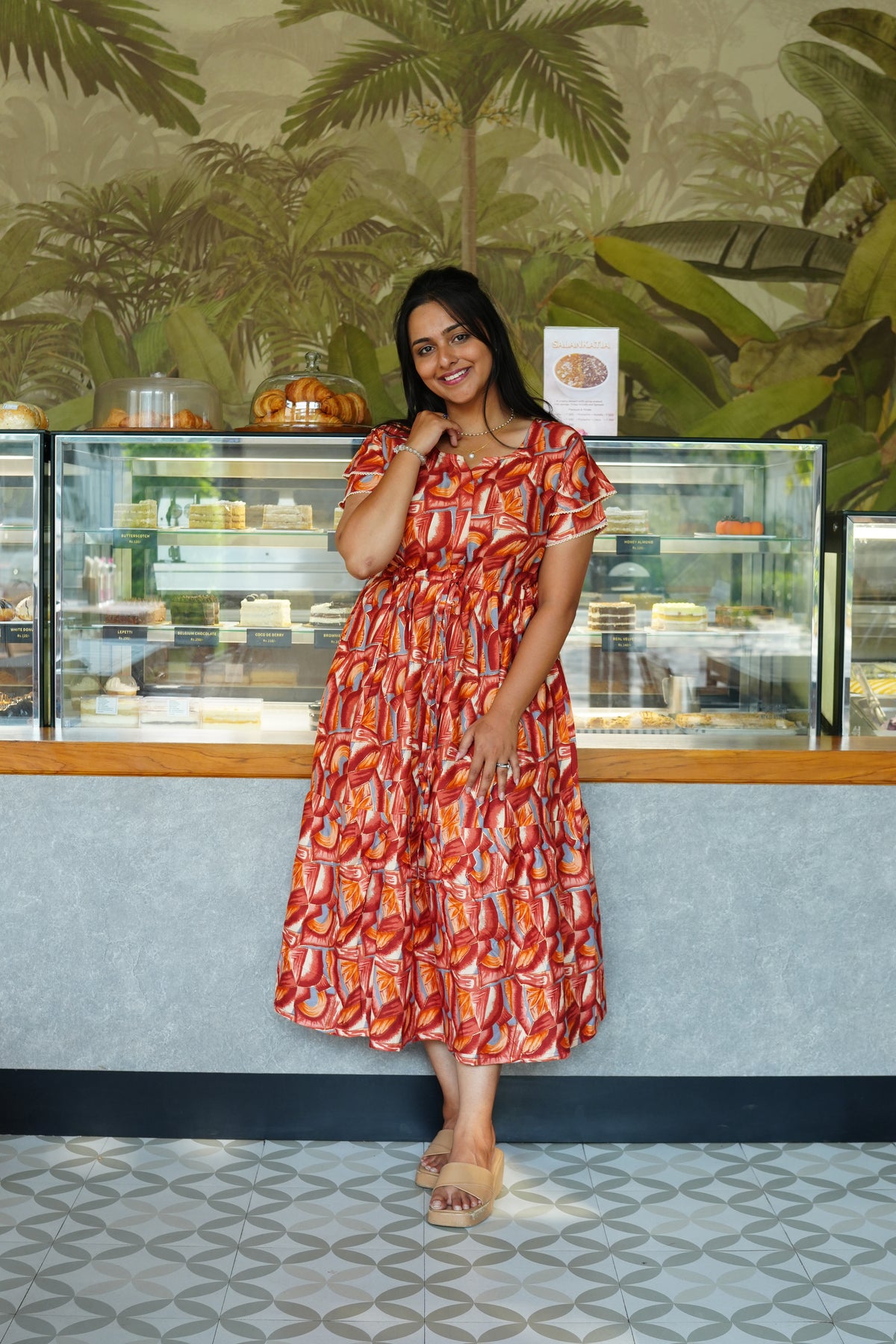 Azure Geometric Rayon Foil Maxi Frock – Double Layer Frill Sleeve Summer Dress with Adjustable Drawstring Waist & Pockets - Lightweight Breathable Fabric Stylish MAXI Frock