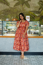 Azure Geometric Rayon Foil Maxi Frock – Double Layer Frill Sleeve Summer Dress with Adjustable Drawstring Waist & Pockets - Lightweight Breathable Fabric Stylish MAXI Frock