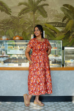 Azure Geometric Rayon Foil Maxi Frock – Double Layer Frill Sleeve Summer Dress with Adjustable Drawstring Waist & Pockets - Lightweight Breathable Fabric Stylish MAXI Frock