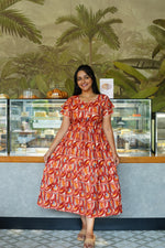 Azure Geometric Rayon Foil Maxi Frock – Double Layer Frill Sleeve Summer Dress with Adjustable Drawstring Waist & Pockets - Lightweight Breathable Fabric Stylish MAXI Frock