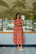 Azure Geometric Rayon Foil Maxi Frock – Double Layer Frill Sleeve Summer Dress with Adjustable Drawstring Waist & Pockets - Lightweight Breathable Fabric Stylish MAXI Frock