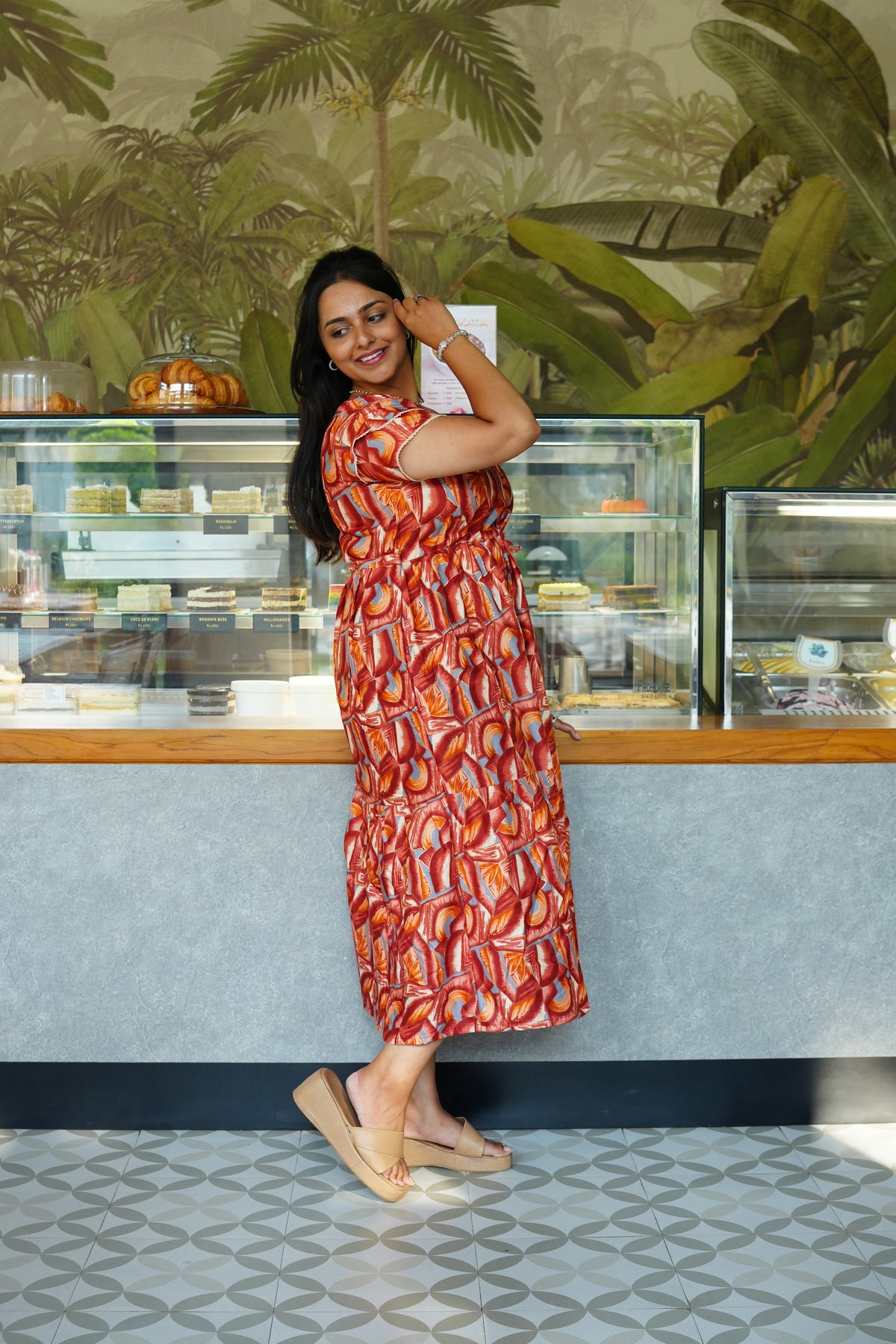 Azure Geometric Rayon Foil Maxi Frock – Double Layer Frill Sleeve Summer Dress with Adjustable Drawstring Waist & Pockets - Lightweight Breathable Fabric Stylish MAXI Frock