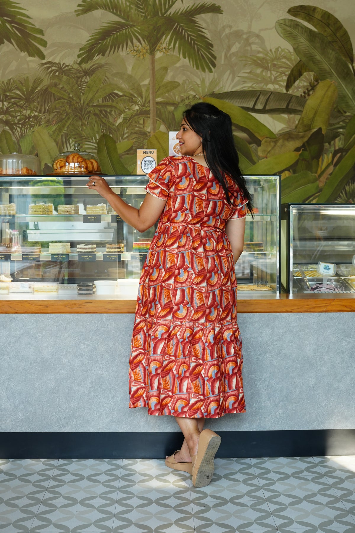 Azure Geometric Rayon Foil Maxi Frock – Double Layer Frill Sleeve Summer Dress with Adjustable Drawstring Waist & Pockets - Lightweight Breathable Fabric Stylish MAXI Frock